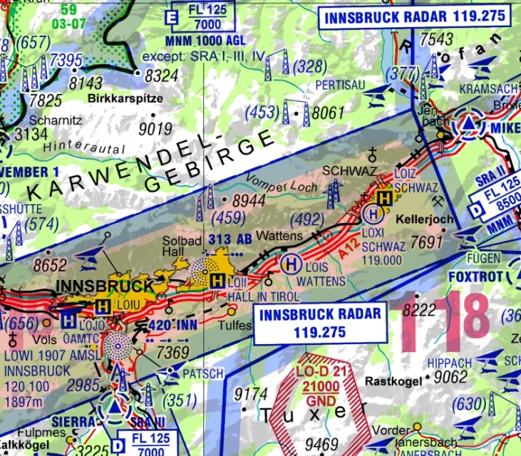 Digitalisierte Karte DFS Visual 500 Österreich